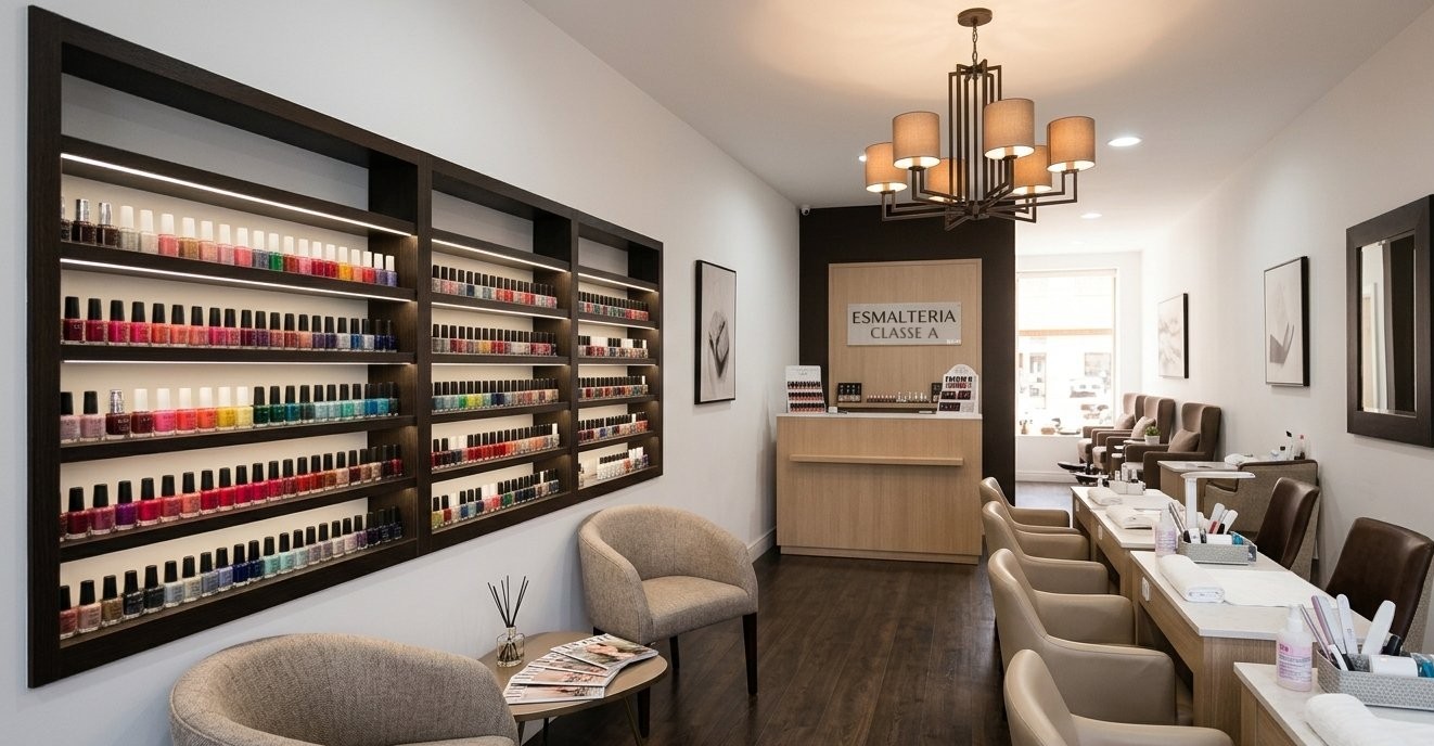 Interior de esmalteria com prateleiras de esmaltes, poltronas e bancada de manicure (foto ilustrativa)