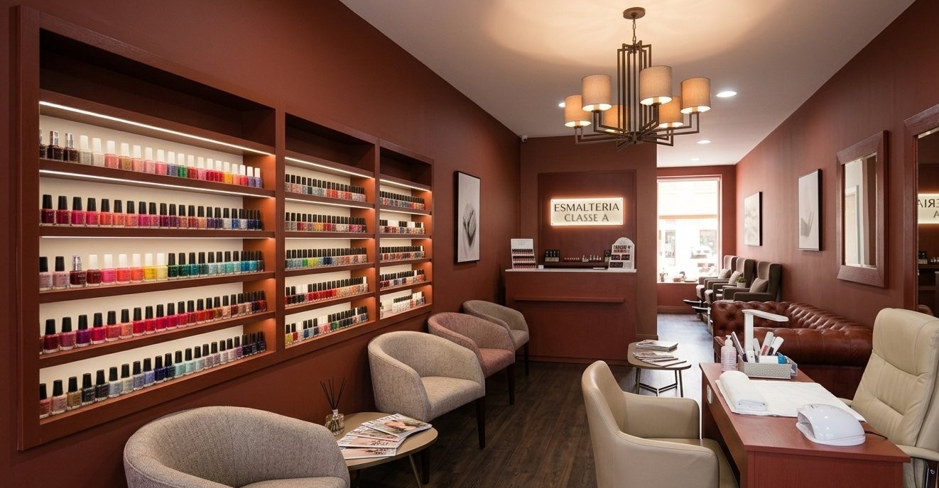 Esmalteria com prateleiras de esmaltes, poltronas e bancada de manicure (foto ilustrativa)